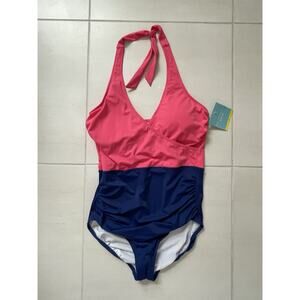 Bal Harbour Swim One Piece Swimsuit Halter Plunge Color Block
